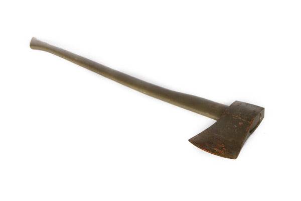 Vintage axe with long handle on a tiled floor, potential slight damage due to age. Vintage axe with long handle on a tiled floor, potential slight damage due to age.